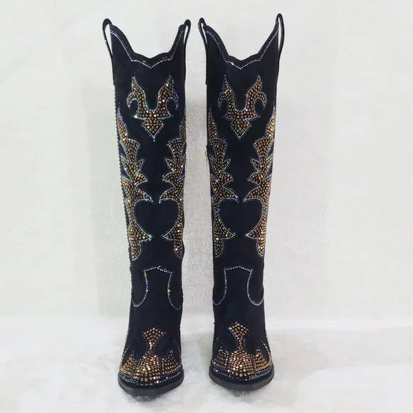 Sparks Country Western Cowgirl Knee Boots Dazzleing Iridescent Rhinestones Black